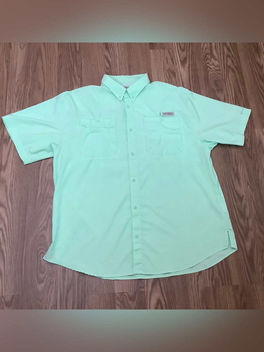 Columbia PFG Omni-Shade Button Up Shirt Men XL Short Sleeve Vented Fishing Green